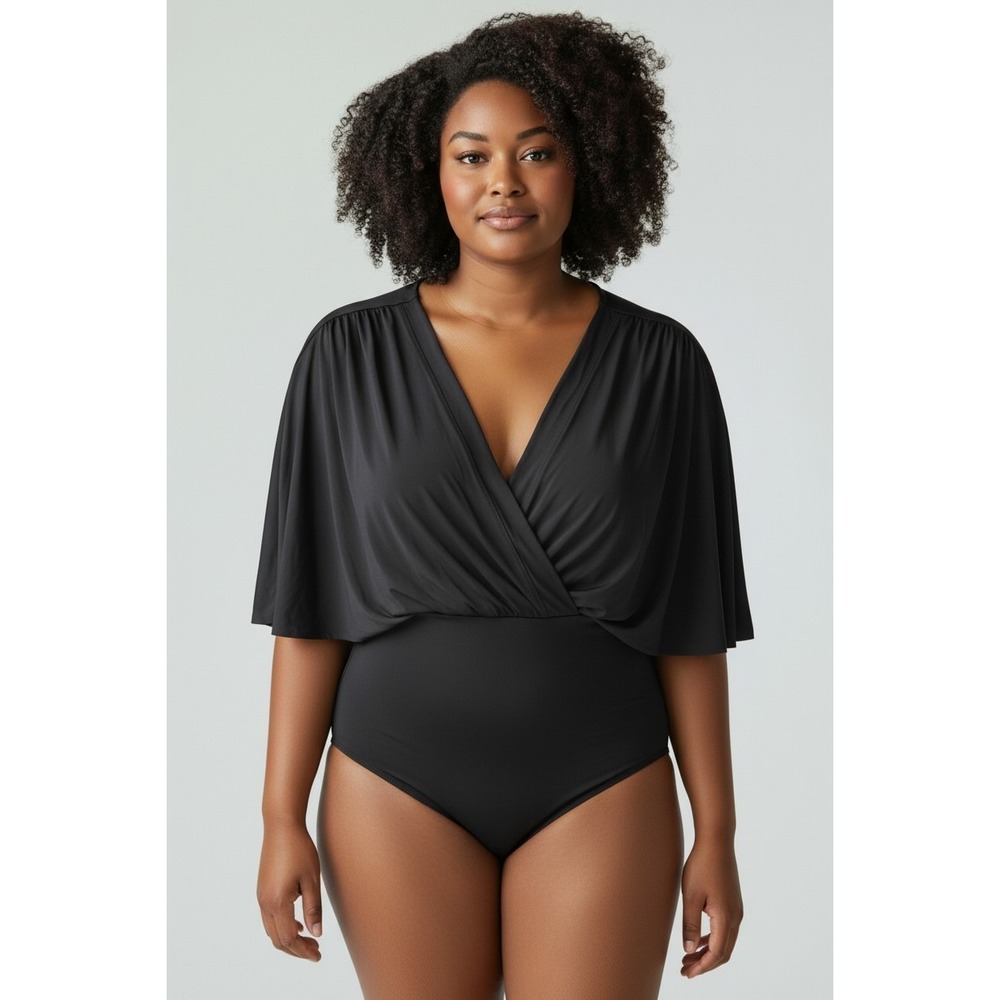 Gottex for Chico's Modest One Piece Swimsuit Black Cape Sleeve XL